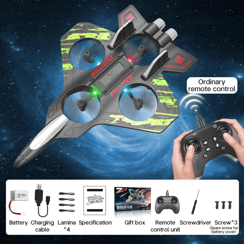 Tafeen Toys remote control fighter jet drone with accessories set, space background.