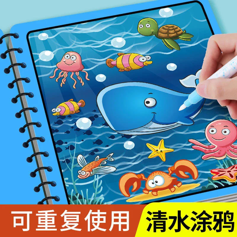 Kids reusable water coloring book with cartoon sea animals, whale, and drawing pen by Tafeen Toys
