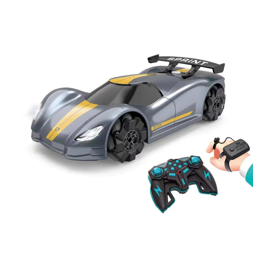 Remote control grey sports car toy with yellow stripe, controller, and hand gesture sensor