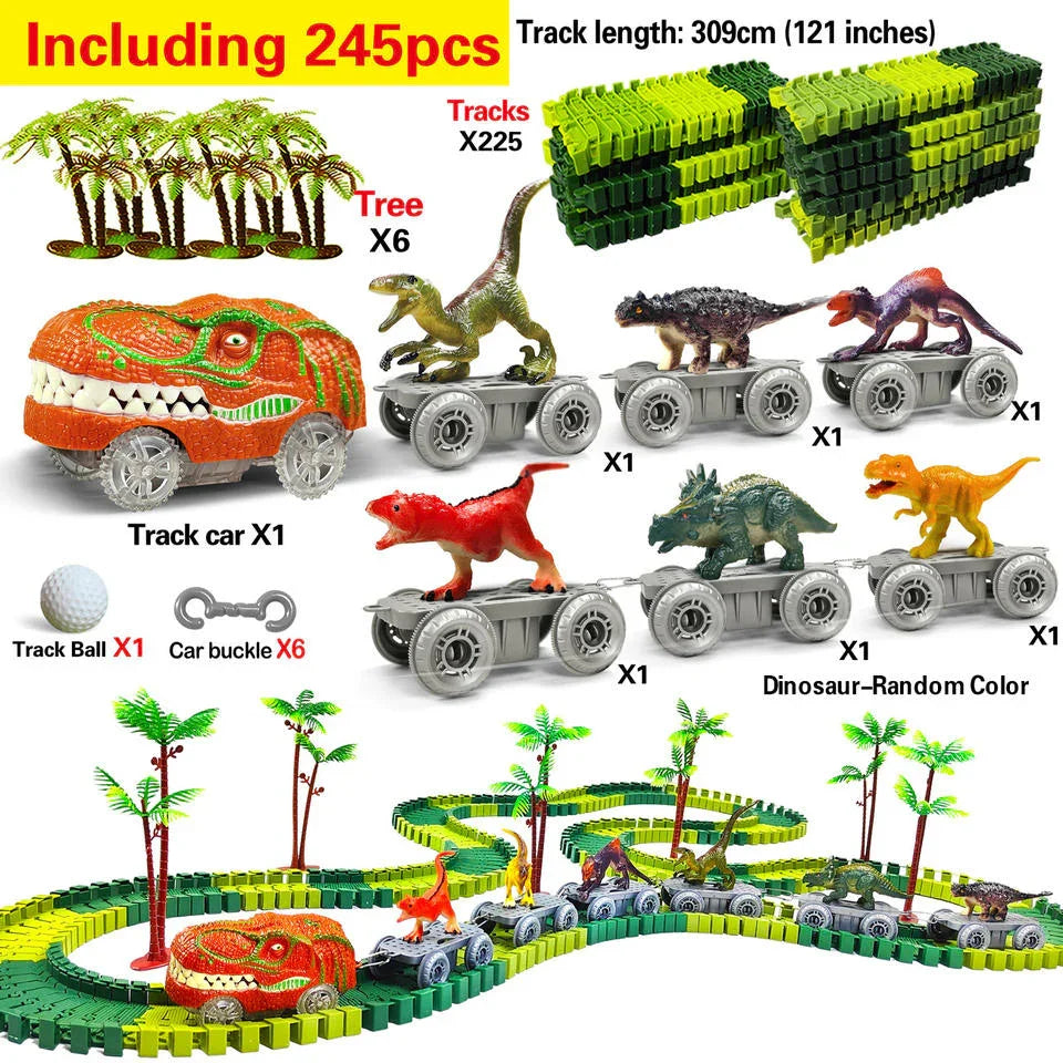 Tafeen Toys dinosaur train set with 245 pieces, tracks, toy dinosaurs, track car, and trees.