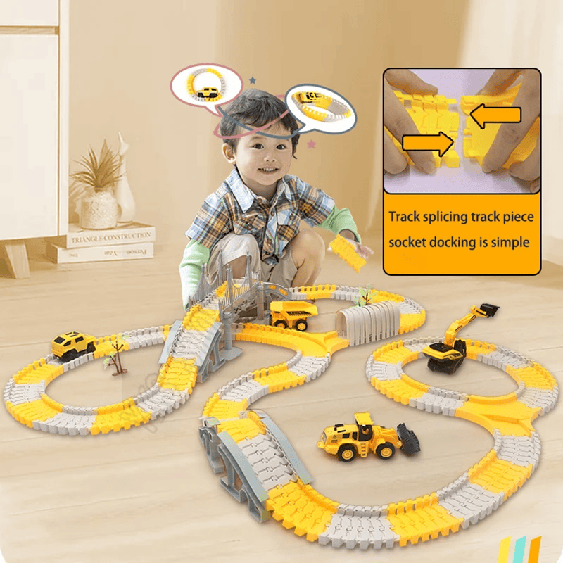 Child playing with yellow and gray construction toy track set, featuring trucks and bridges, from Tafeen Toys.